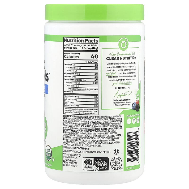 Orgain, Organic Superfoods™ + Probiotics, Original, 9.9 oz (280 g)