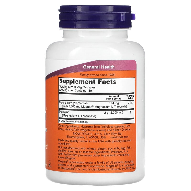 NOW Foods, Magtein®, Magnesium L-Threonate, 2,000 mg, 90 Veg Capsules (66.6 mg per Capsule)