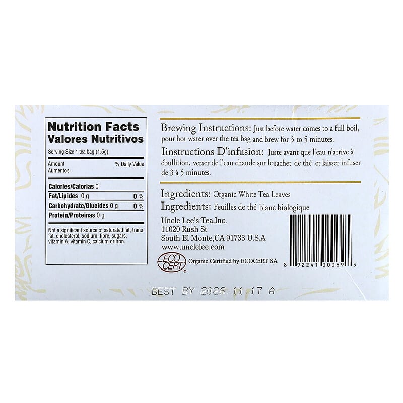 Uncle Lee's Tea, Organic White Tea, 100 Tea Bags, 5.29 oz (150 g)