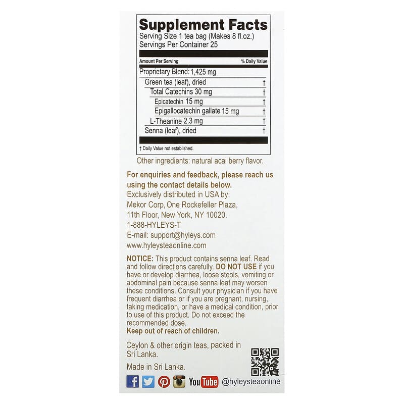 Hyleys Tea, Slim Tea, Acai Berry, 25 Foil Envelope Tea Bags, 1.32 oz (37.5 g)