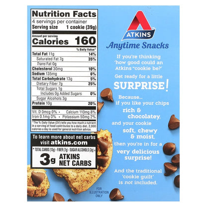 Atkins, Anytime Snacks, Protein Cookies, Chocolate Chip, 4 Cookies, 1.38 oz (39 g) Each
