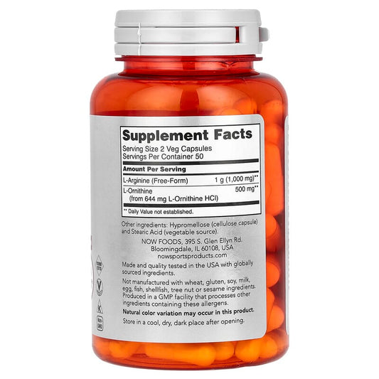 NOW Foods, Sports, Arginine & Ornithine, 100 Veg Capsules