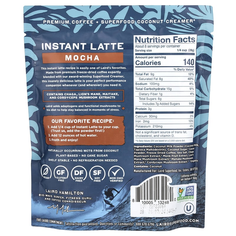 Laird Superfood, Instant Latte, Coffee + Creamer + Adaptogens, Mocha, 8 oz (227 g)