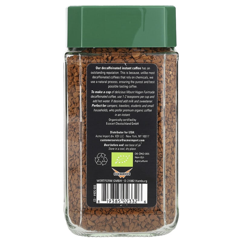 Mount Hagen, Organic Fairtrade Instant Coffee, Decaffeinated, 3.53 oz (100 g)