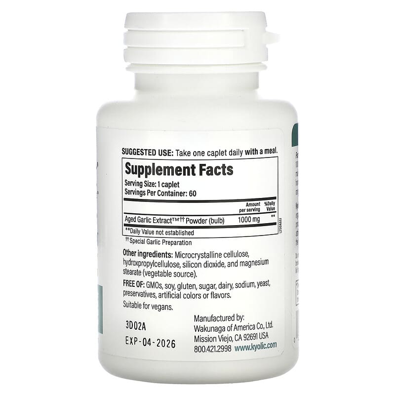 Kyolic, Aged Garlic Extract, One Per Day, 1,000 mg, 60 Vegan Caplets