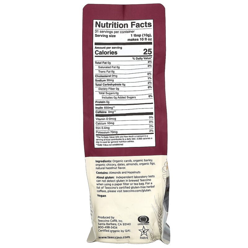 Teeccino, Chicory Herbal Coffee, Hazelnut, Medium Roast, Caffeine Free, 11 oz (312 g)