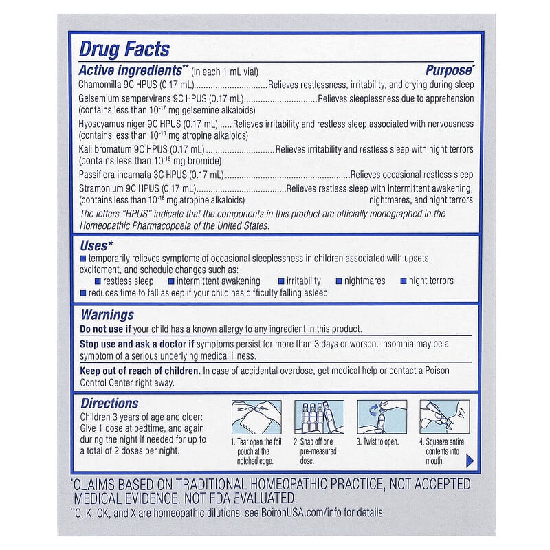 Boiron, SleepCalm™ Kids, Liquid Doses, 3+ Years, Melatonin-Free, 15 Pre-Measured Liquid Doses, 0.034 fl oz (1 ml) Each