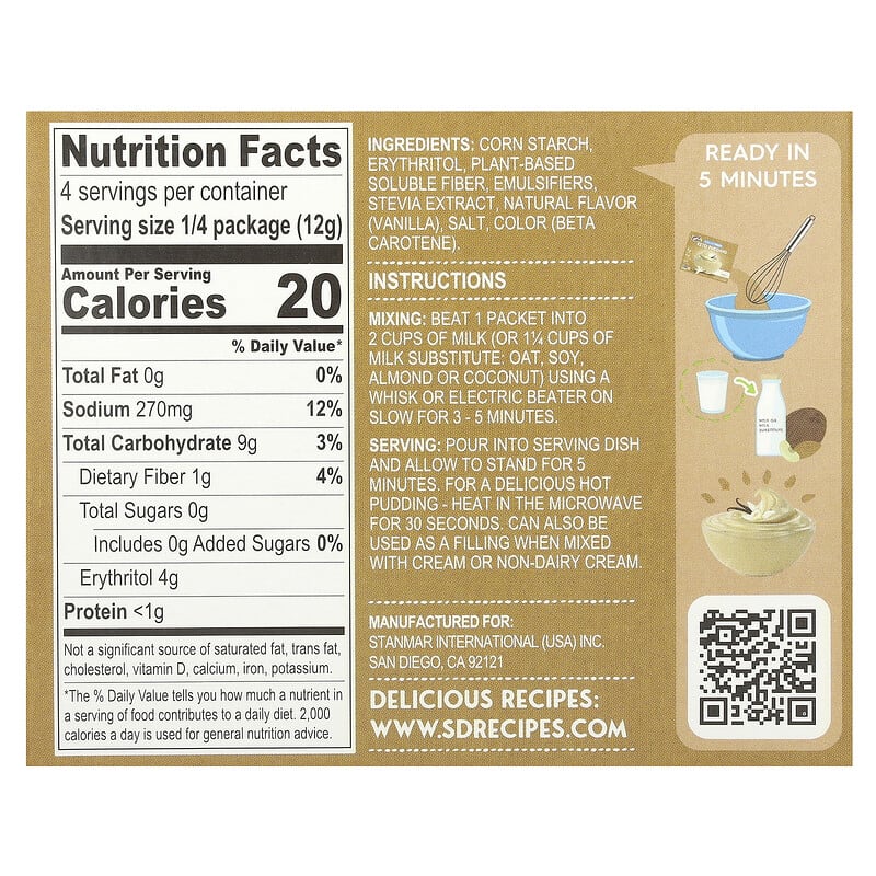 Natural Simply Delish, Plant-Based Instant Pudding, Sugar Free, Vanilla, 1.7 oz (48 g)