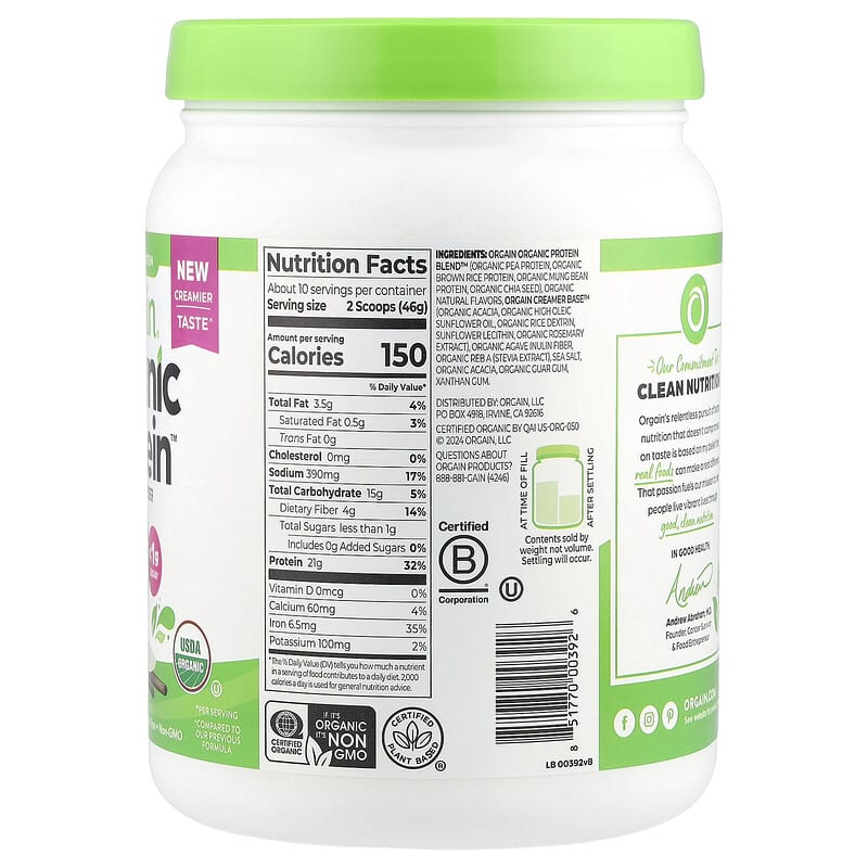 Orgain, Organic Protein™ Powder, Plant Based, Vanilla Bean, 1.02 lbs (462 g)