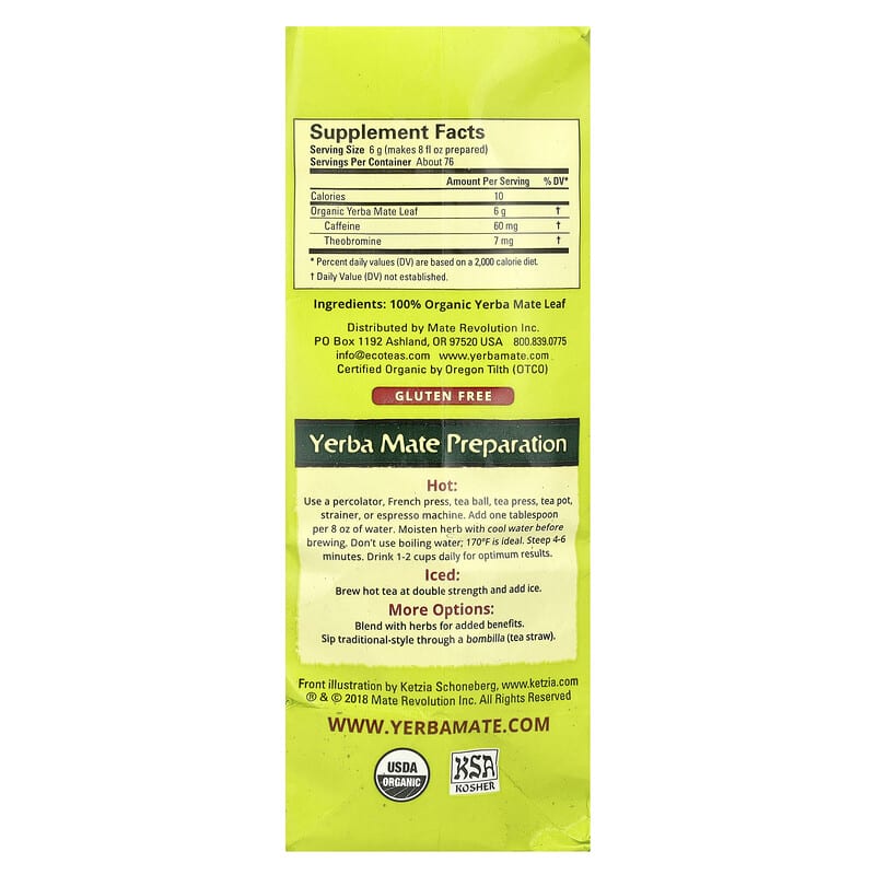 EcoTeas, Yerba Mate Pure Leaf Loose Tea, Unsmoked, Green Energy, 16 oz (454 g)