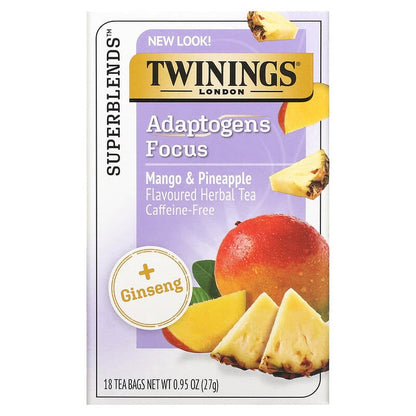 Twinings, Superblends™, Adaptogens Focus Herbal Tea, Mango & Pineapple, Caffeine Free, 18 Tea Bags, 0.95 oz (27 g)