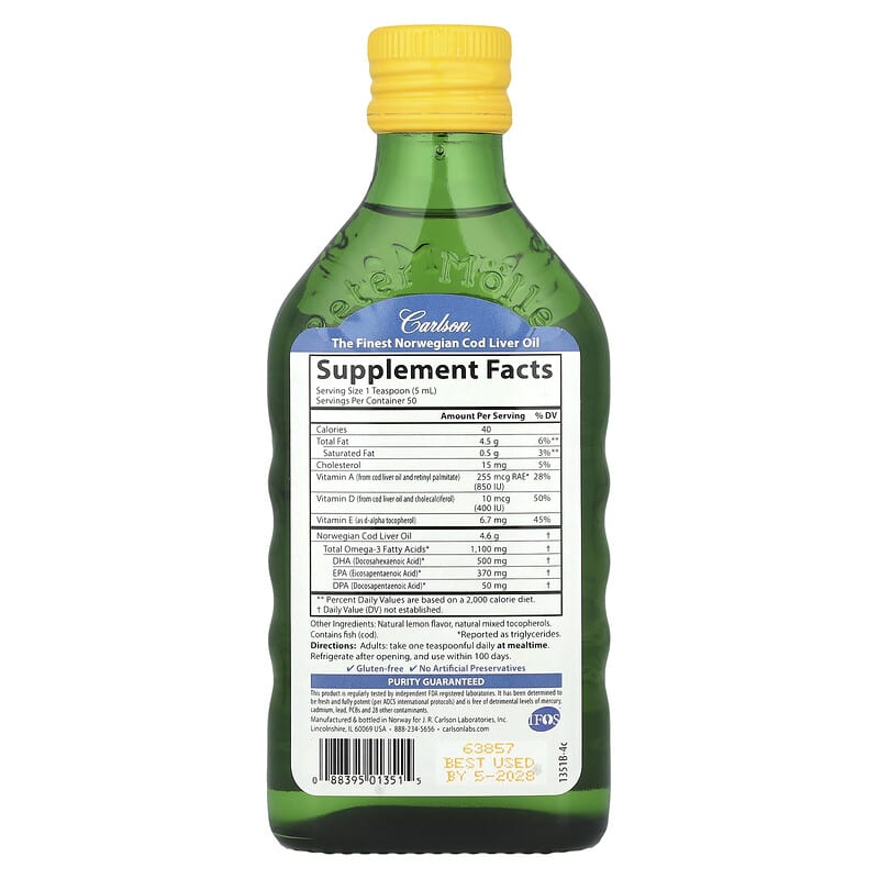 Carlson, Wild Norwegian, Cod Liver Oil, Natural Lemon, 8.4 fl oz (250 ml)