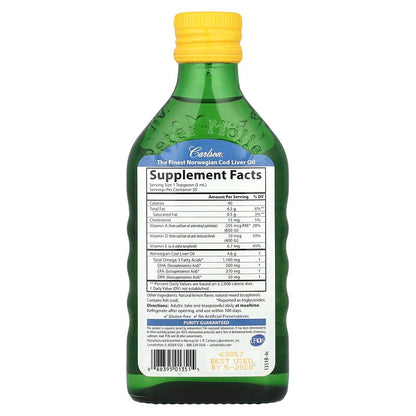 Carlson, Wild Norwegian, Cod Liver Oil, Natural Lemon, 8.4 fl oz (250 ml)