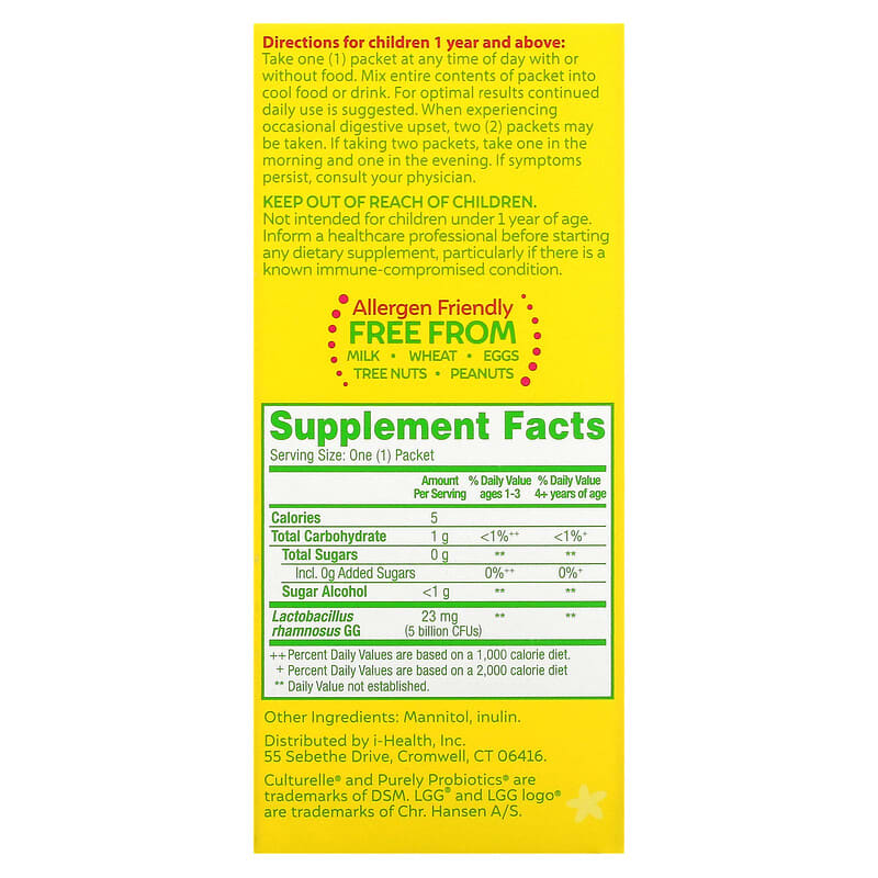 Culturelle, Kids, Purely Probiotics, 1+ Years, Unflavored, 23 mg , 30 Single Serve Packets