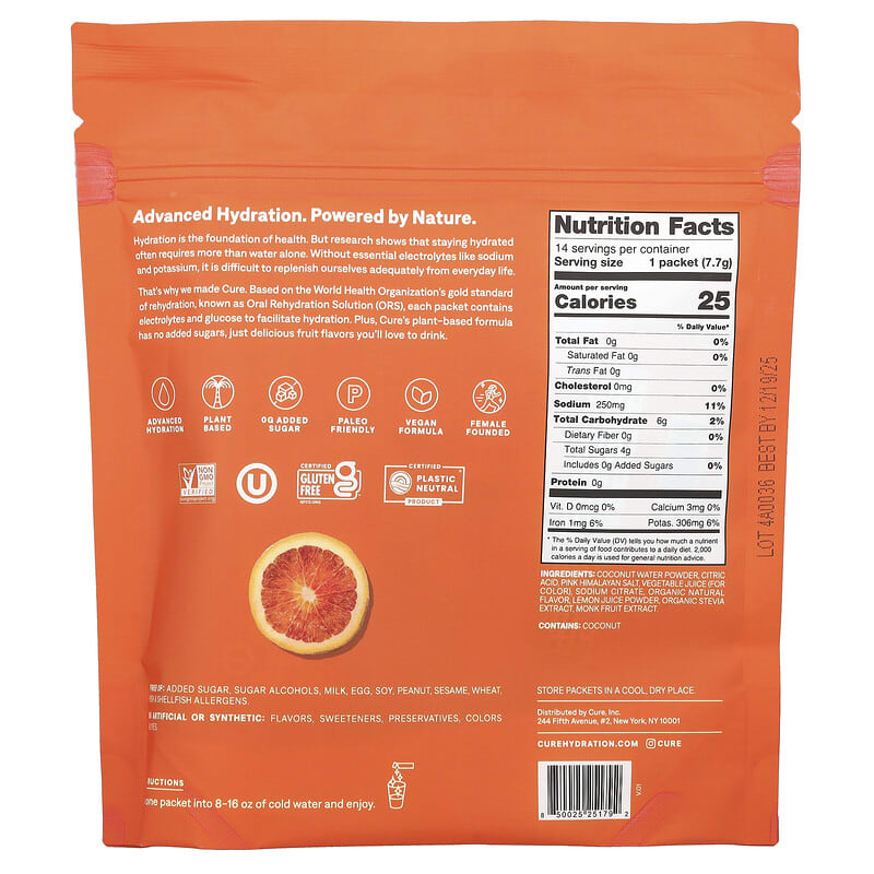 Cure Hydration, Electrolyte Drink Mix, Blood Orange, 14 Packets, 0.27 oz (7.7 g) Each