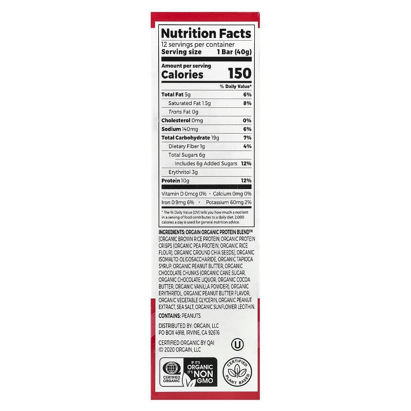 Orgain, Organic Plant-Based Protein Snack Bar, Peanut Butter Chocolate Chunk, 12 Bars, 1.41 oz (40 g) Each