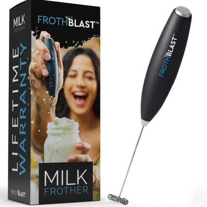 FrothBlast™ Milk Frother Handheld for Coffee (Foam Maker) Electric Whisk Drink Mixer for Lattes, Cappuccino, Frappe, Matcha, Hot Chocolate (Black)