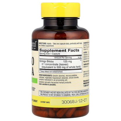 Mason Natural, Whole Herb Ginkgo Biloba, 125 mg, 180 Capsules