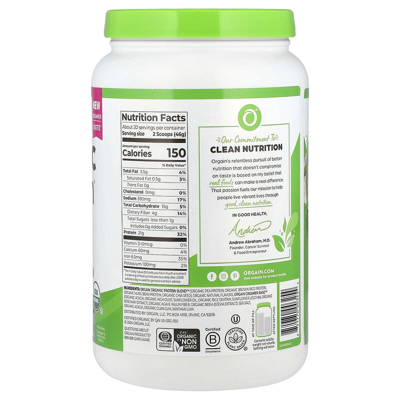 Orgain, Organic Protein™ Powder, Plant Based, Vanilla Bean, 2.03 lb (920 g)