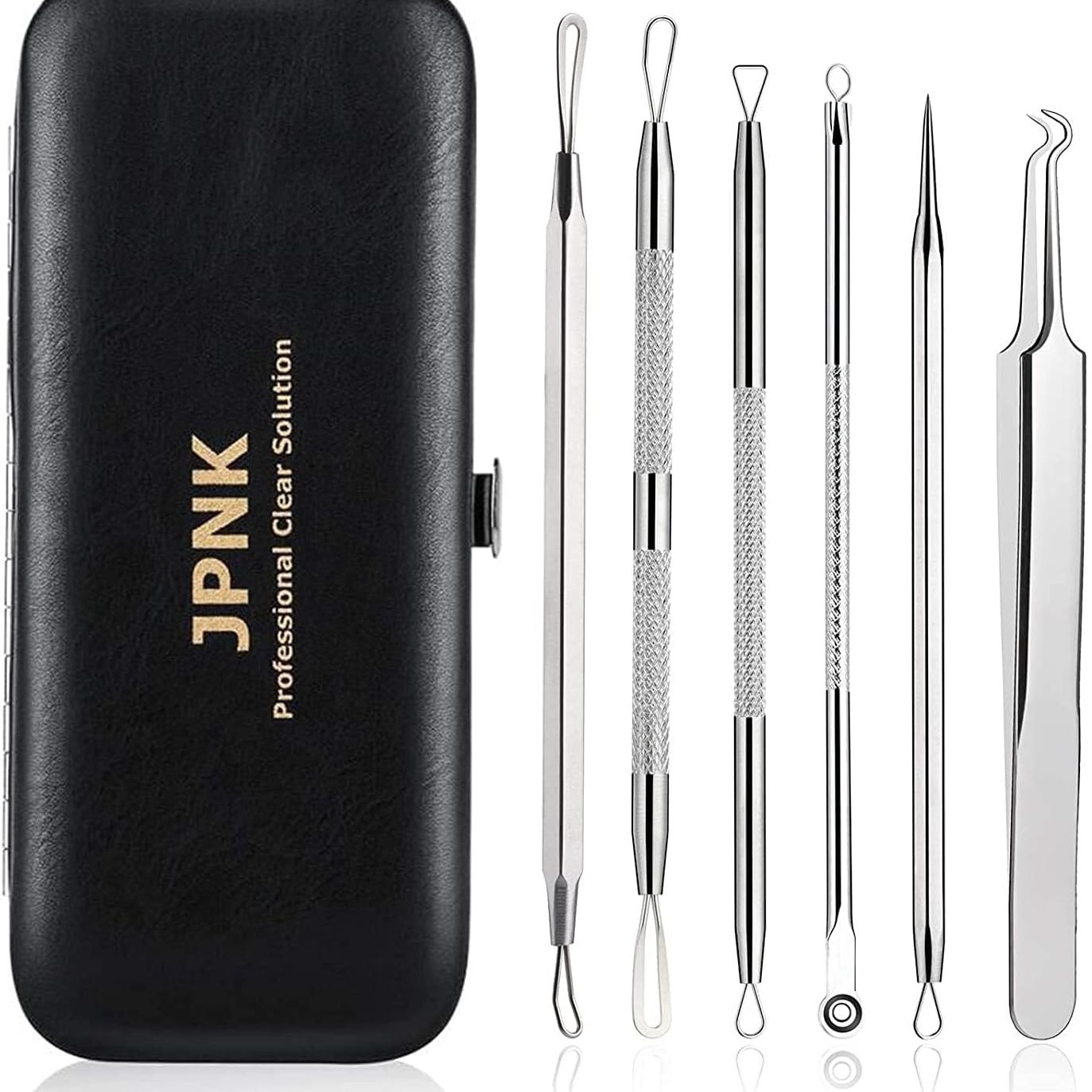 JPNK Blackhead Remover Tool Comedones Extractor Acne Removal Kit for Blemish, Whitehead Popping, 6 Pcs Zit Removing for Nose Face Tools with a Leather Bag