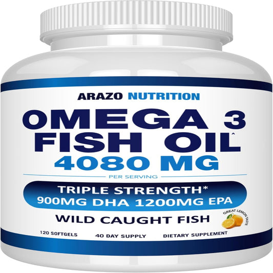 Arazo Nutrition,Omega 3 Fish Oil 4,080mg - High EPA 1200mg + DHA 900mg- (120 Count).