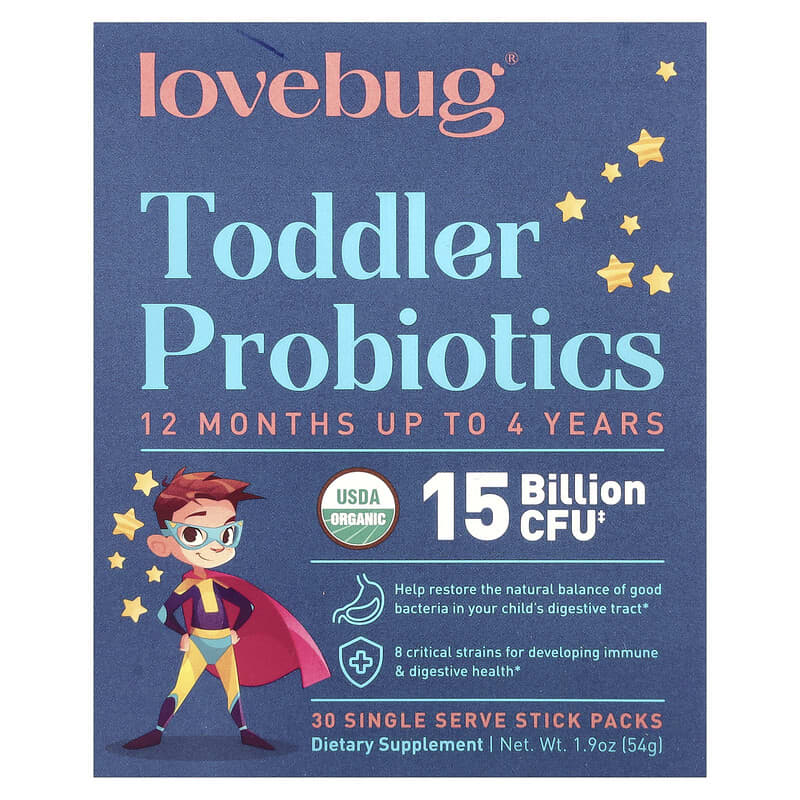 LoveBug Probiotics, Toddler Probiotics, 12 Months Up To 4 Years, 15 Billion CFU, 30 Single Serve Stick Packs, 0.06 oz (1.8 g) Each By LoveBug Probiotics