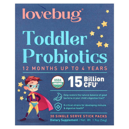 LoveBug Probiotics, Toddler Probiotics, 12 Months Up To 4 Years, 15 Billion CFU, 30 Single Serve Stick Packs, 0.06 oz (1.8 g) Each By LoveBug Probiotics