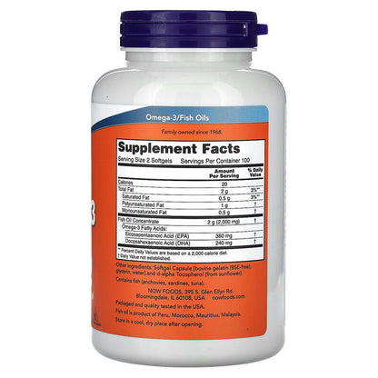 NOW Foods, Omega-3 Fish Oil, 1,000 mg, 180 EPA - 120 DHA, 200 Softgels