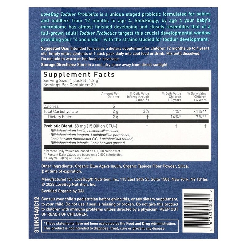 LoveBug Probiotics, Toddler Probiotics, 12 Months Up To 4 Years, 15 Billion CFU, 30 Single Serve Stick Packs, 0.06 oz (1.8 g) Each By LoveBug Probiotics