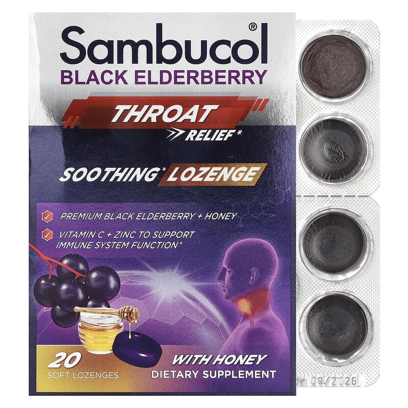 Sambucol, Black Elderberry, Throat Relief, Soothing Lozenge With Honey, 20 Soft Lozenges