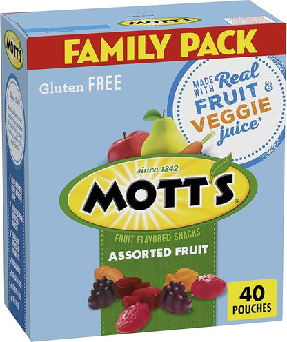 Mott's Fruit Flavored Snacks, Assorted Fruit, Pouches, 0.8 oz, 40 ct