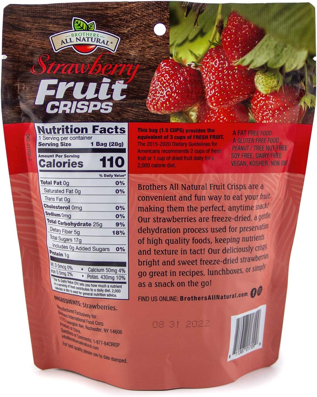 Brothers-ALL-Natural Freeze Dried Strawberry Pouch, 1 Oz