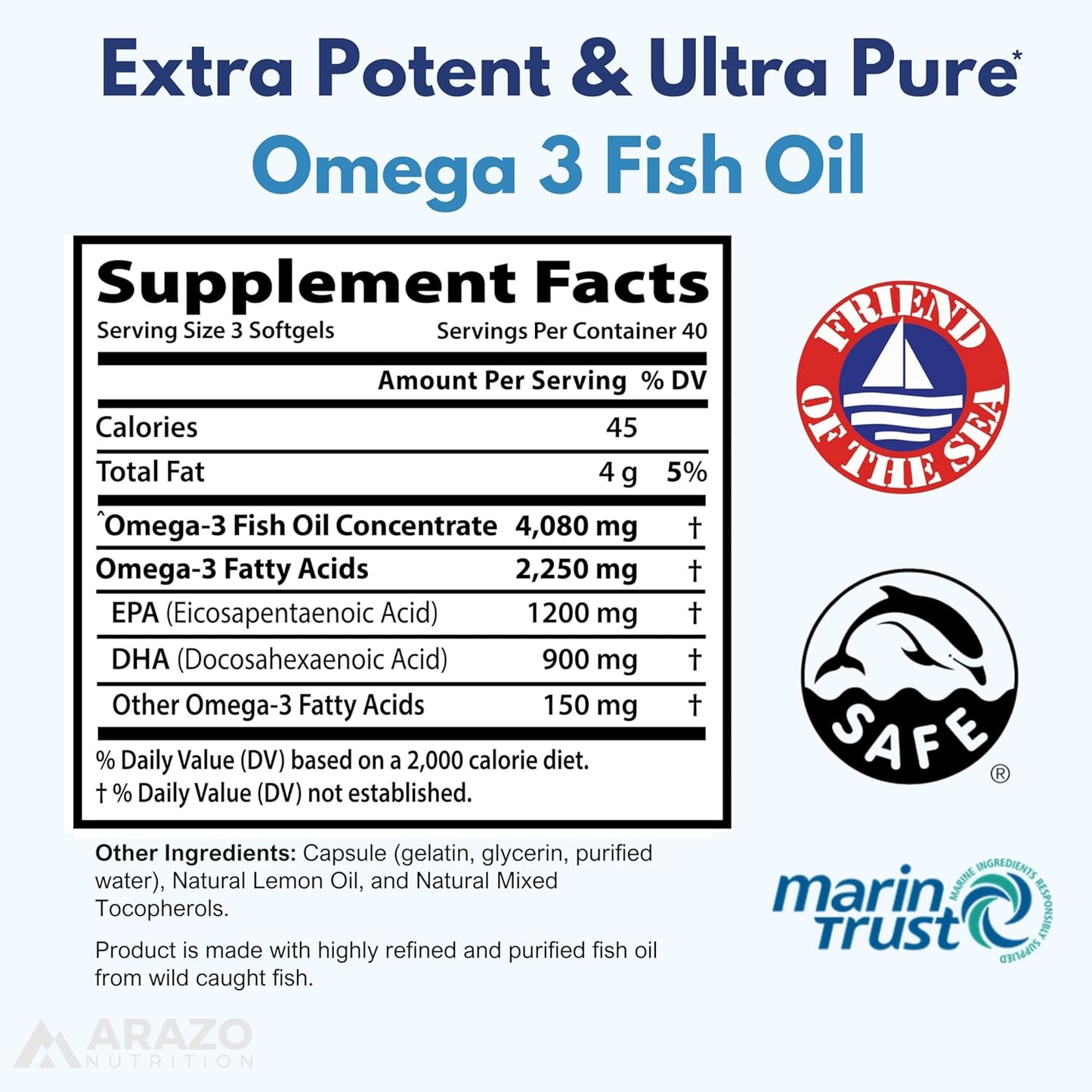 Arazo Nutrition,Omega 3 Fish Oil 4,080mg - High EPA 1200mg + DHA 900mg- (120 Count).