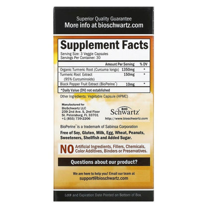 BioSchwartz, Premium Ultra Pure Turmeric Curcumin with Bioperine, 1500 mg, 90 Veggie Caps