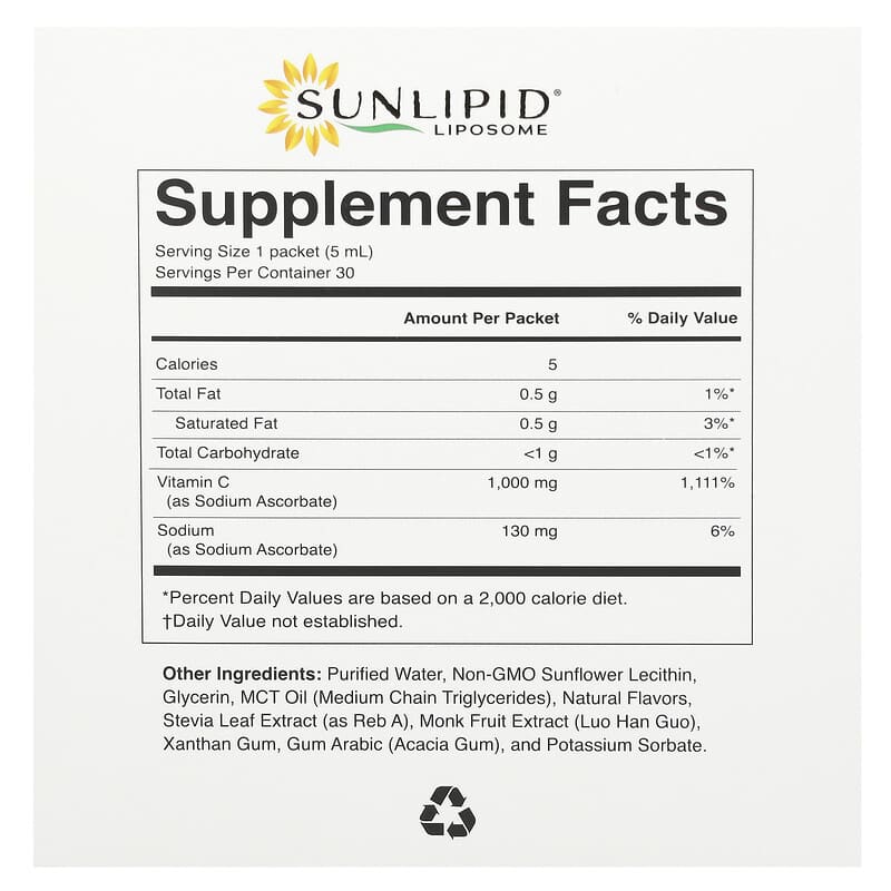 Sunlipid, Liposomal Vitamin C with MCT Oil, 30 Packets, 0.17 fl oz (5 ml) Each