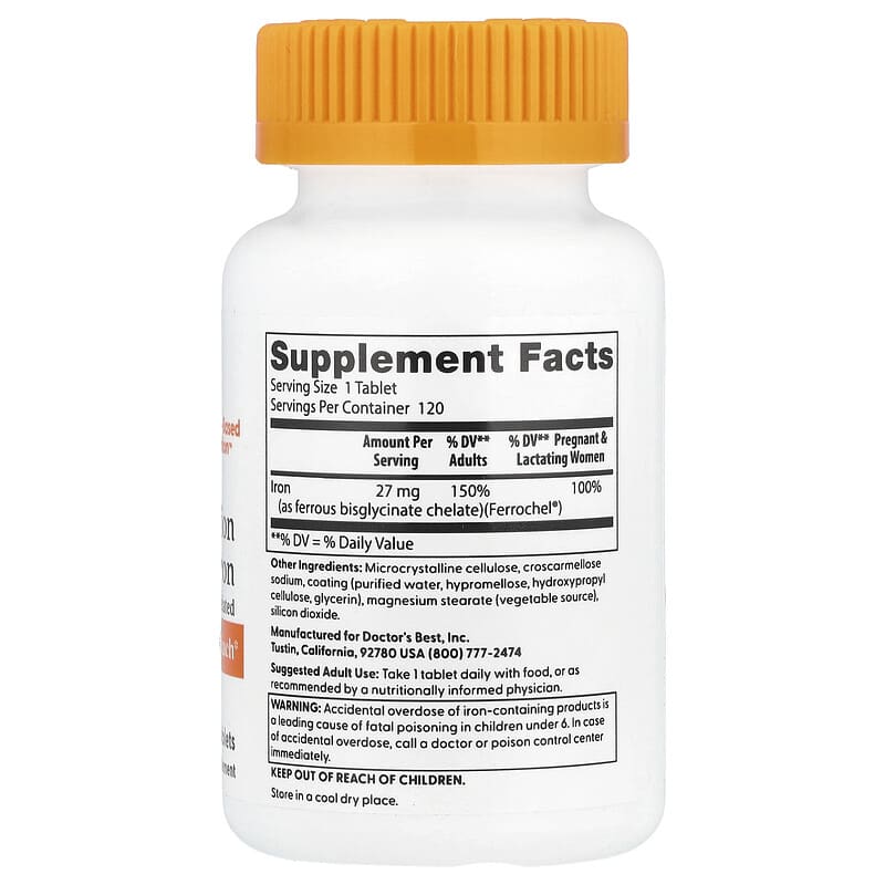 Doctor's Best, High Absorption Iron, 27 mg, 120 Tablets