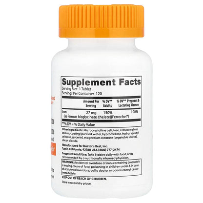 Doctor's Best, High Absorption Iron, 27 mg, 120 Tablets